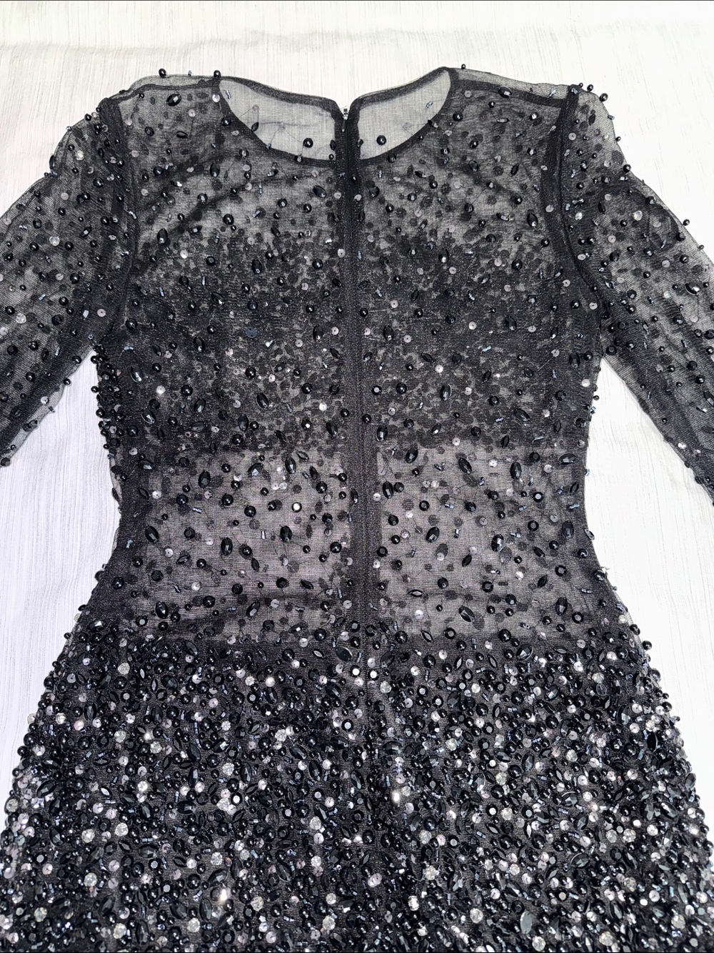 Black Beaded Sheer Mesh Long-Sleeve Mesh Mini Cocktail Dress - Picture 12 of 17